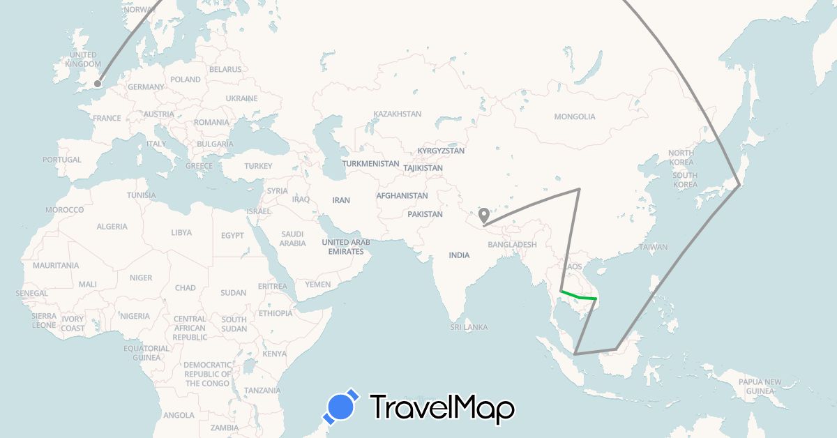 TravelMap itinerary: driving, bus, plane in China, United Kingdom, Japan, Cambodia, Malaysia, Nepal, Singapore, Thailand, Vietnam (Asia, Europe)